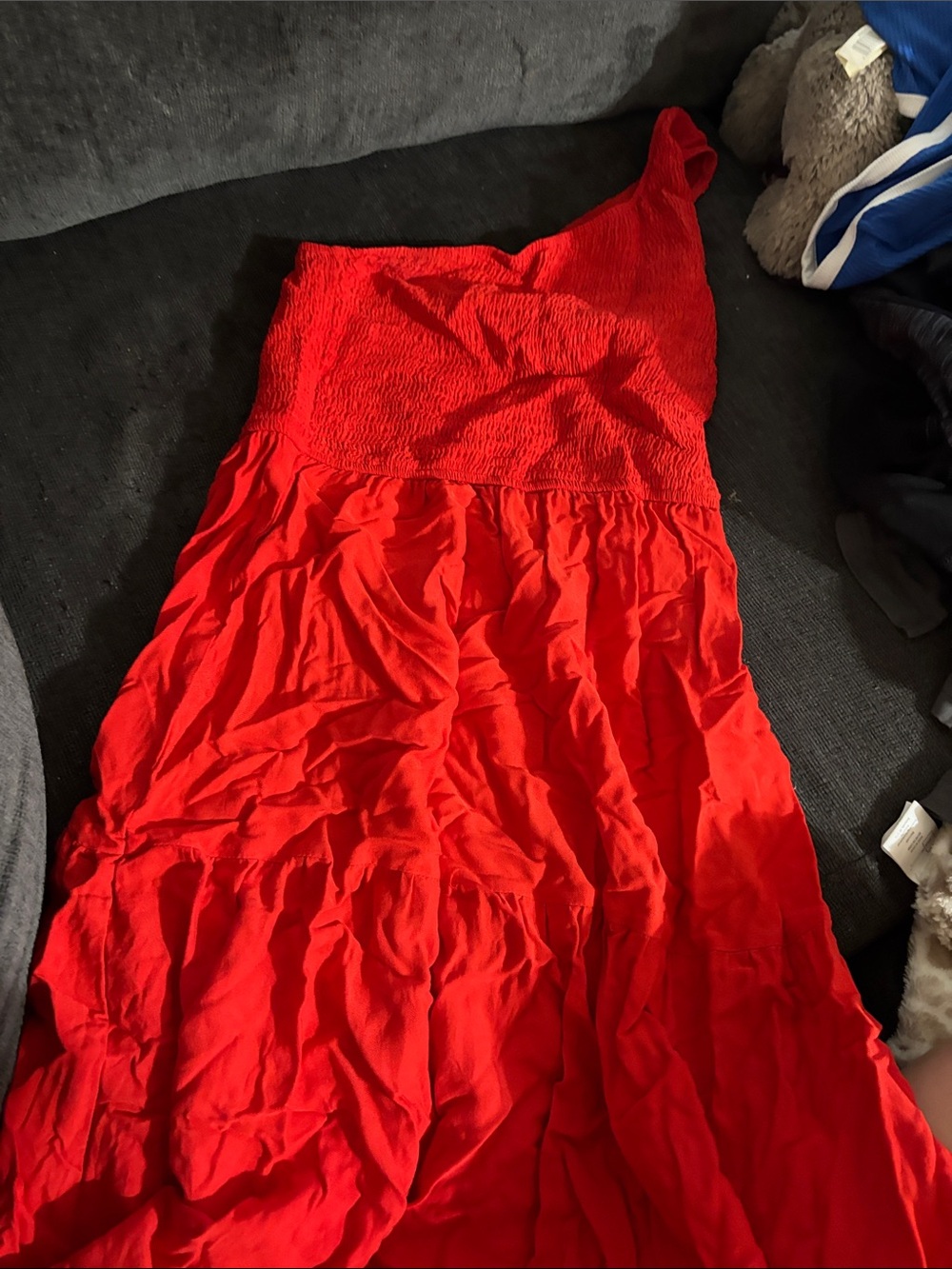 One-Shoulder Red Summer Dress with Smocked Bodice